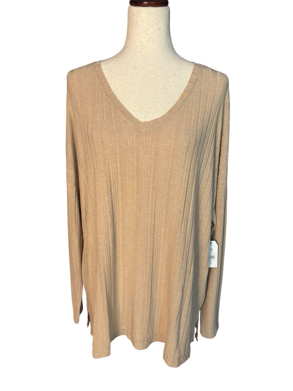 Time & Tru V-Neck Ribbed Tunic Beige Sweater Long Sleeve Women's Size XL New